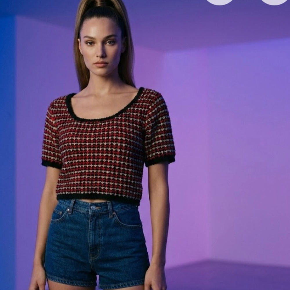 POL Red and Black Tweed Short Sleeve Crop Top